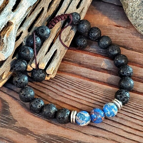 Chakra Bracelet Blue Aqua Terra Jasper and Lava - Picture 2 of 7